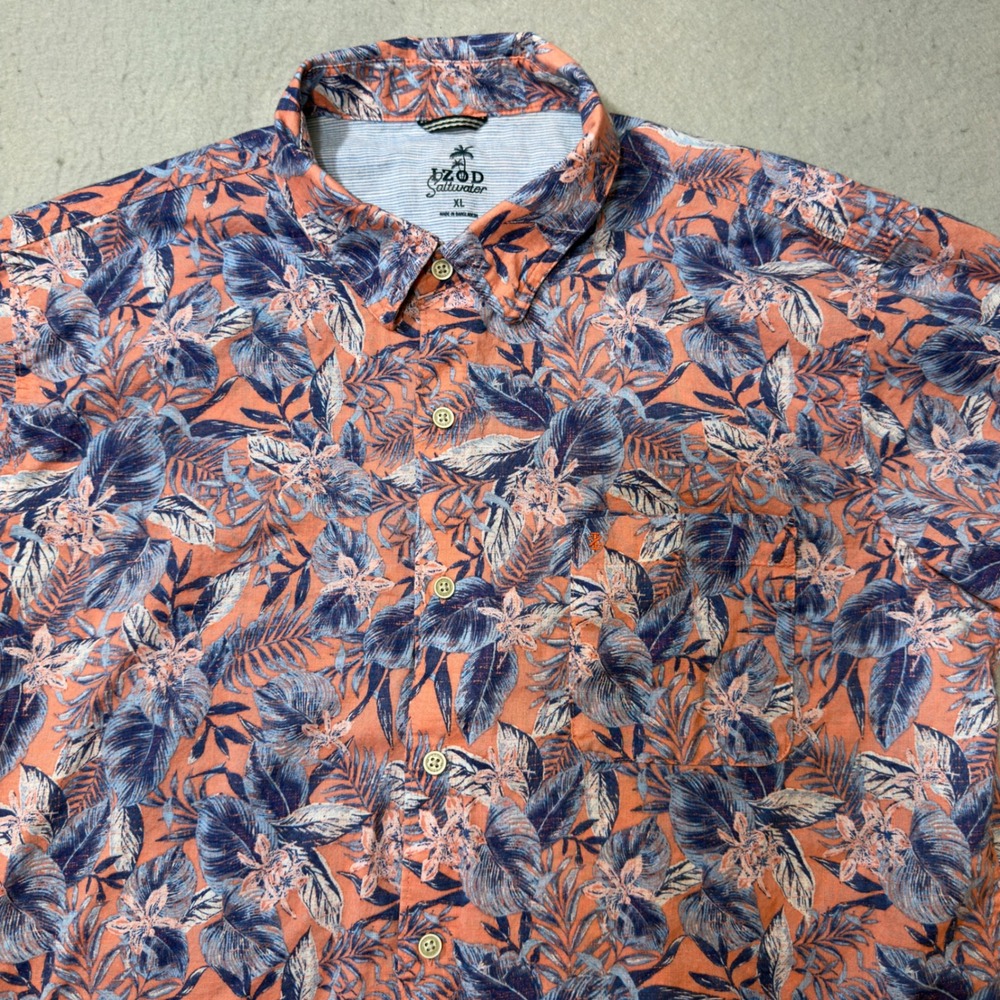 Izod Saltwater Button Down‎ Mens XL Coral Blue Excellent Tropical Floral Shirt